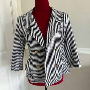 CAbi Navy Blue and White Stripe Nautical Double Breasted Gold Button Blazer